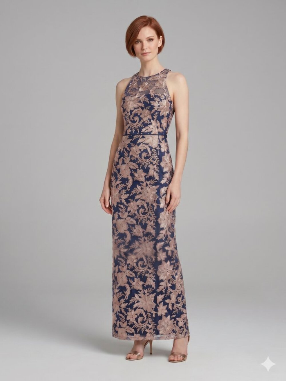 JS Collections Embroidered Halter Neck Pencil Gown - Navy/Rose Gold, Size 10